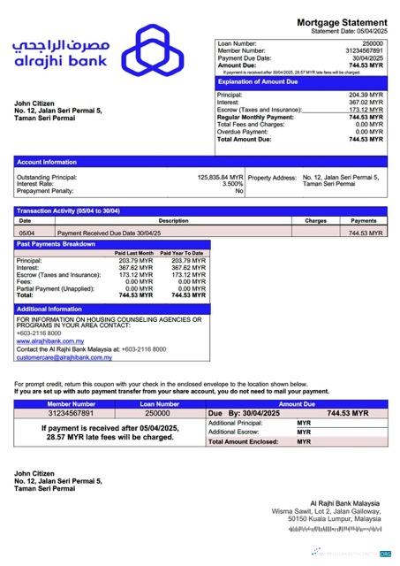 Download Malaysia Al Rajhi Bank Malaysia mortgage statement Word and PDF template Photoshop template